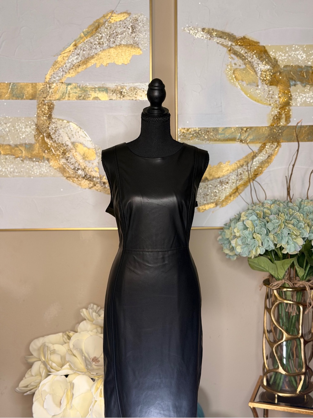 Calvin Klein Sleeveless Black Faux Leather Sheath Dress
